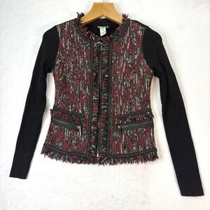 Cache Jacket Womens M Black Red Textured Tweed Moto Zip Fringe Cardigan Vtg
